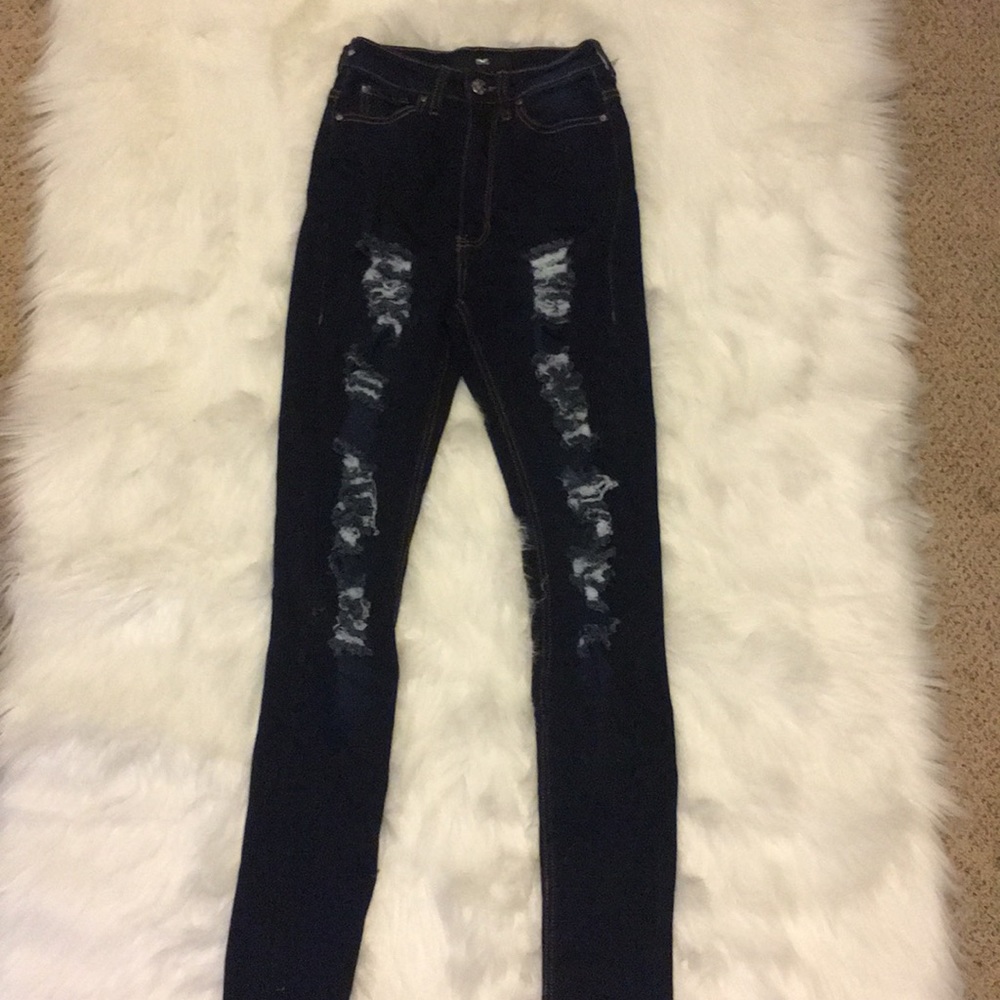 Dark wash high waisted distressed skinny jeans
